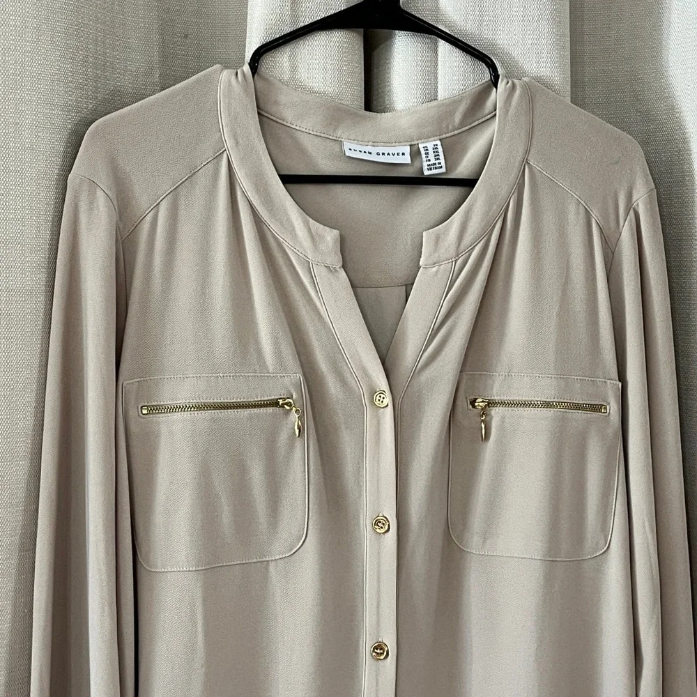 Susan Graver Tunic Top Womens 2X Tan Liquid Knit Office Gold Neutral Chic Career